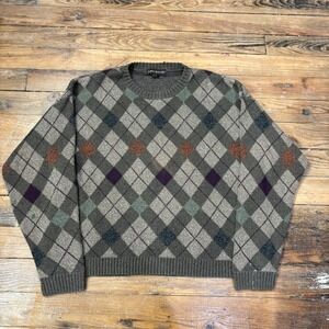 Liberty Sweaters Mens XL Argyle Crewneck Pullover Green Grey Knit Made in USA
